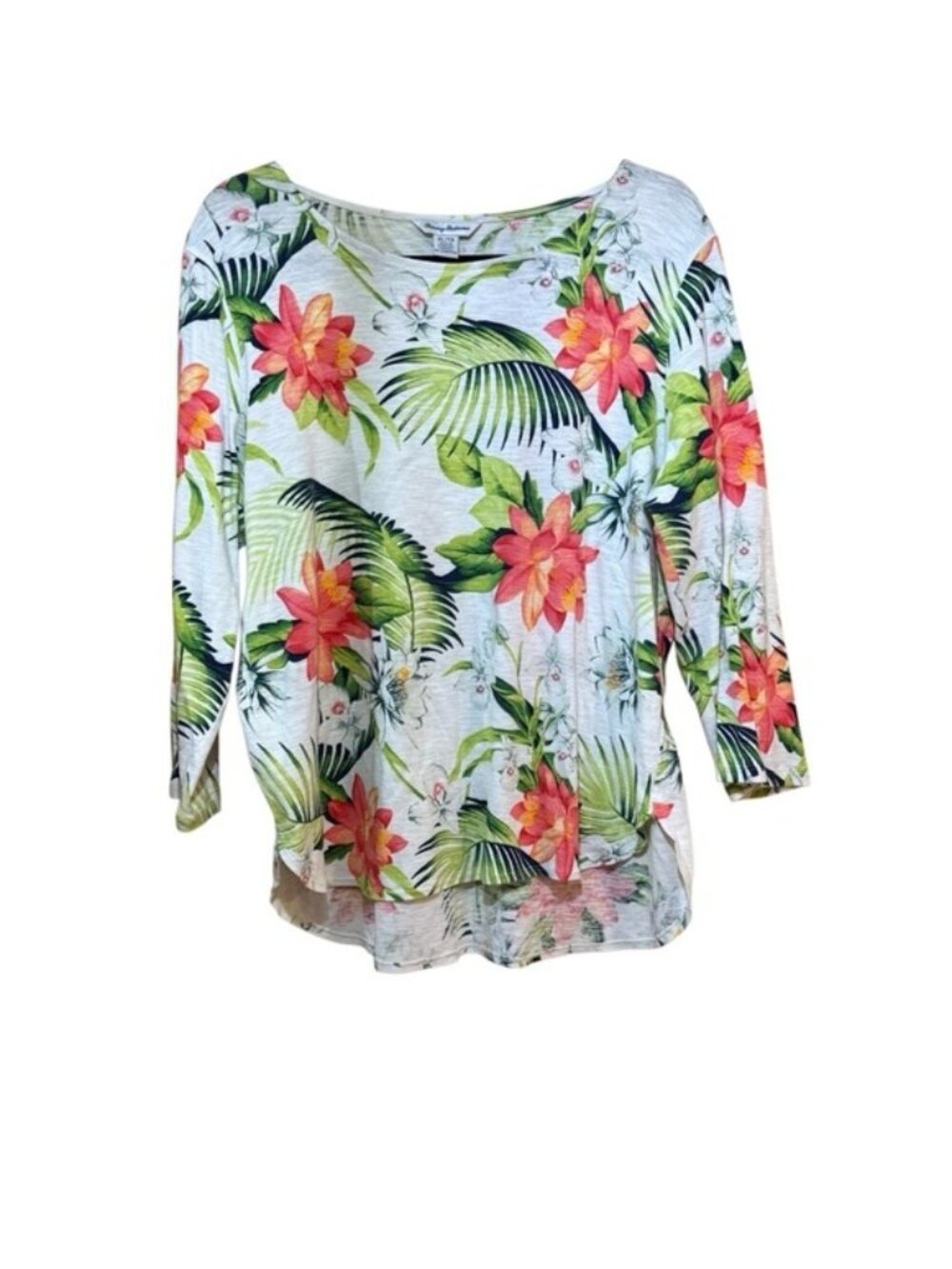 Tropical Floral Top XL White Cotton 3/4 Sleeve